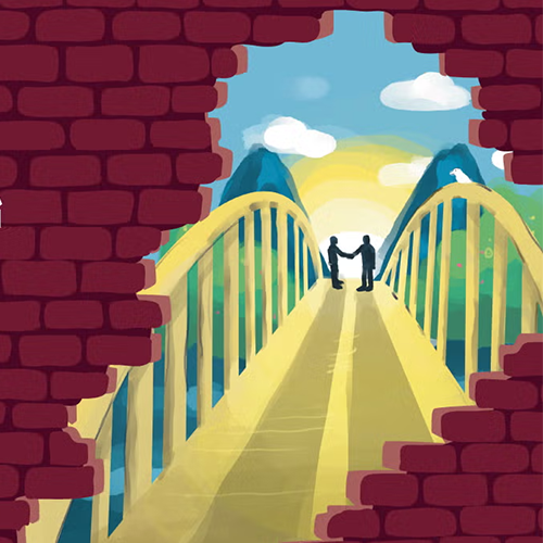 two standing figures at the end of a bridge shaking hands